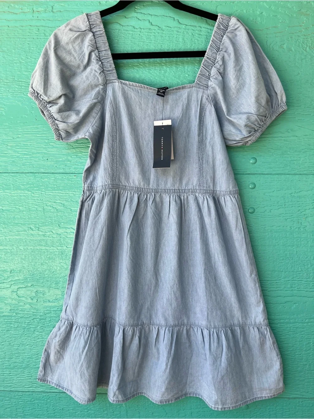 TOMMY HILFIGER GIRLS DENIM CHAMBRAY PUFF SLEEVE DRESS SMOCKED BACK SIZE 16 NWT